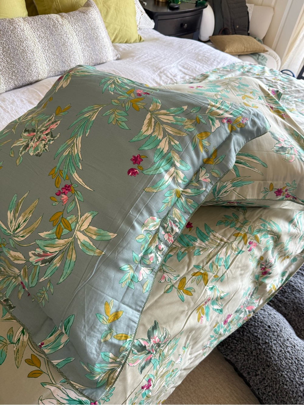 Botanical Cotton Duvet Cover in Sage Green with Floral Print